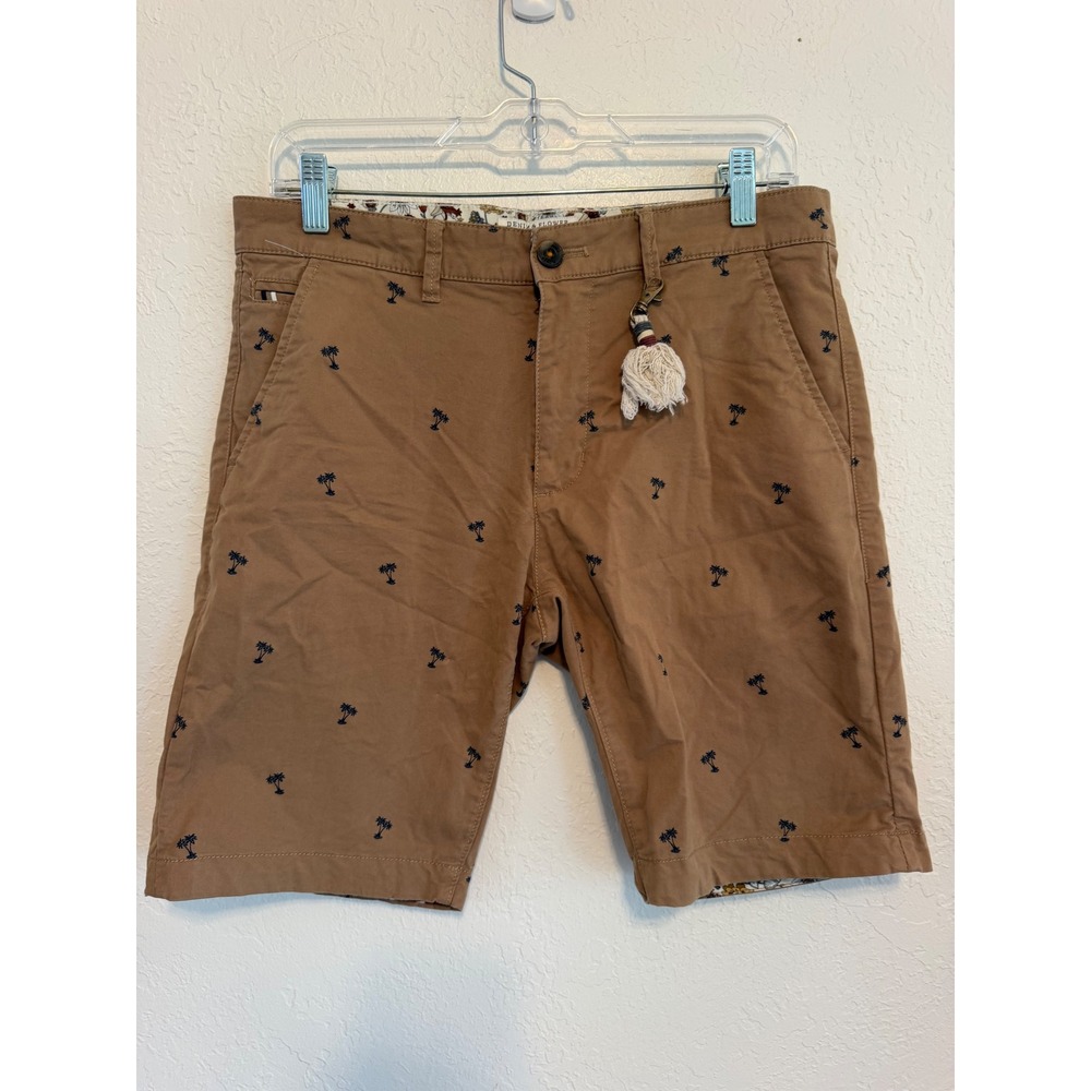 Denim & Flower Ricky Singh Mens Tan Palm Tree Embroidered Chino Shorts Size 29